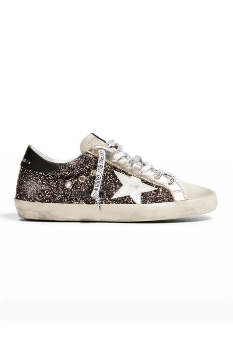 X5FWR Golden Goose Superstar Glitter Logo-Lace Sneakers Balenciaga Trainers, Golden Goose Sneakers Outfit, Golden Goose Superstar, Western Style Boots, Goose Shoes, Exclusive Sneakers, Glitter Sneakers, Sneaker Stores, Golden Goose Sneakers