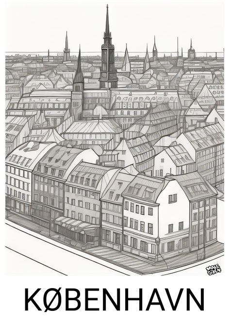 A4 poster drawing , coloringbook page , malebog Copenhagen Skyline, Skyline Drawing, Poster Drawing, A4 Poster, Copenhagen, Drawings