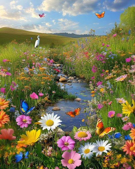 A vibrant and colorful meadow #colorfulmeadow #wildflowersmeadow #butterfliesinmeadow Dreamy Meadow, Field Of Wild Flowers, Beautiful Energy, Wild Flower Meadow, Wild Horses, Landscape Photography, Wild Flowers, Beautiful Flowers, Horses