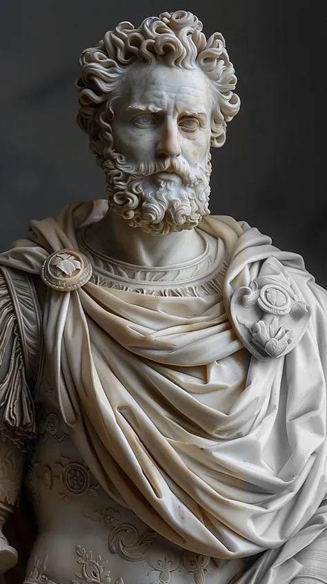 Full Color Image in ai-img-gen.com 🔸 marco aurelio sculture midjourne--8K resolution, (((Masterpiece Colors))), (((Insane Overall Quality... 🔸 From Midjourney AI Image Beard And Curly Hair, Lil B Tattoo, Realism Sculpture, Stoic Expression, Ornate Armor, Angel Sculpture Art, Italian Statues, Thick Beard, Marble Bust