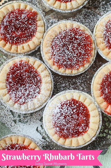 Cute Mini Strawberry Rhubarb Tarts - Living Sweet Moments Strawberry Rhubarb Tarts, Rhubarb Tarts, Jello Cake Recipes, Rhubarb Desserts Recipes, Mini Tart Shells, Rhubarb Tart, Cake Squares, Moist Vanilla Cake, Macaroon Cookies