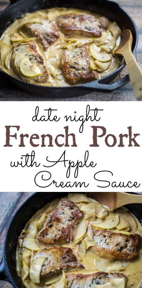 Boneless pork chops are pan-fried then simmered in a rich sauce of shallots, granny smith apples, hard cider, and heavy cream. This French Pork recipe is date night perfection! Pork Entrees, Apple Pork, Apple Cream, Apple Pork Chops, Diy Easy Recipes, Cream Sauce Recipes, Pork Dinner, Boneless Pork Chops, French Dishes