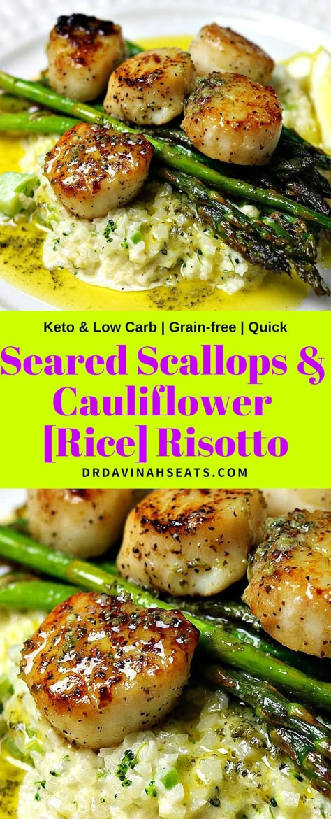 A quick, keto-friendly and grain-free recipe for seared scallops and parmesan cauliflower rice risotto. Includes tips to properly sear scallops and make risotto without grains. This quick meal takes 30 minutes to complete, requires just one pot, and includes variations, such as adding shrimp and steak. Perfect for those looking for an easy low carb dinner. #recipe #cauliflower #keto #lowcarb #easydinner #quickmeals #scallops #cauliflowerrecipes #ketorecipes Scallops And Cauliflower, Cauliflower Rice Risotto, Cauliflower Keto, Rice Risotto, Keto Fish, Recipe Cauliflower, Parmesan Cauliflower, Cauliflower Risotto, Seared Scallops