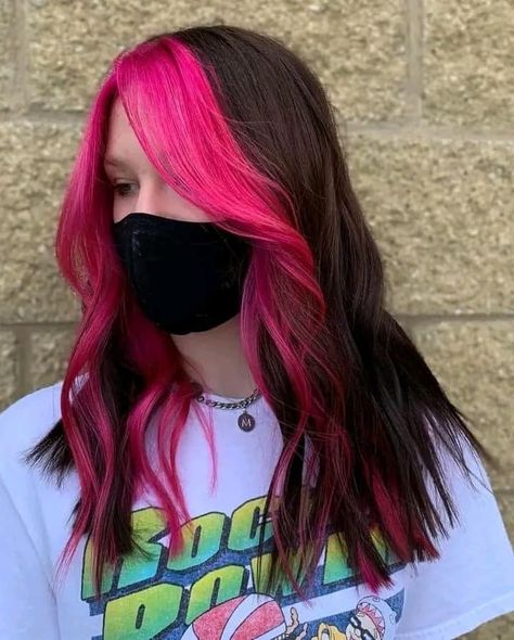 Hair Dye Roots Only, Black Hair With Hot Pink Money Piece, Hot Pink Money Piece Hair, Black And Hot Pink Hair, Pink Curtain Bangs, Hot Pink Peekaboo Hair, Vibrant Red Highlights, Highlight Hair Ideas, Underdye Hair