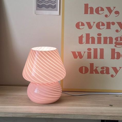 Cute Pink Lamp, Light Pink Lamp, Pink Mushroom Lamp, Mushroom Lamp Aesthetic, Small Bedside Table Lamps, Glass Nightstand, Lamp Mushroom, Freshman Dorm, Lamp Pink