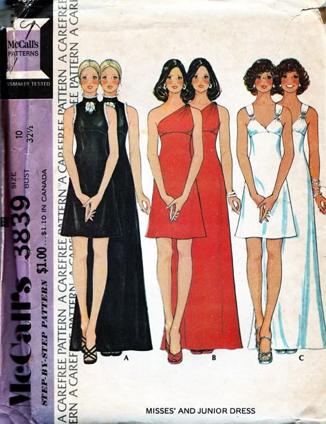 "1970s Evening Gown Sewing Pattern McCall's 3839 Circa 1973  High Waist, Sleeveless, One Shoulder, Neck Collar, Shoulder Straps, 2 Lengths Vintage Size 10 Bust 32 1/2\" Bust 31 1/2\" Waist 25\" Hips 34 1/2\" Pattern is Cut to the long evening dress. The Bodice of View A is uncut and Complete.  Envelope has browning and some tears. I scanned the back of the pattern in greyscale as to make it easier to read. Instructions and the Pattern is in good condition. Please zoom in on scanned back for addi 1970s Long Dress, Vintage Off Shoulder Dress, 70s Evening Dress, Chic Sewing Patterns, 70s Evening Gown, Late 1970s Fashion, 1970 Dresses, Off Shoulder Dress Pattern, Vintage Patterns Sewing