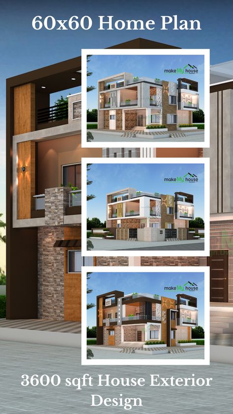 60x60 Home Plan 3600 sqft house Exterior Design: This plan is designed for 60x60 East Facing Plot having built-up area - 3600 SqFT with Modern Exterior Design for Duplex House. 60x60 House Plans, 3d House Plans, Duplex House, Spacious Living, Build Your Dream Home, Modern Exterior, House Designs Exterior, Living Area, Exterior Design