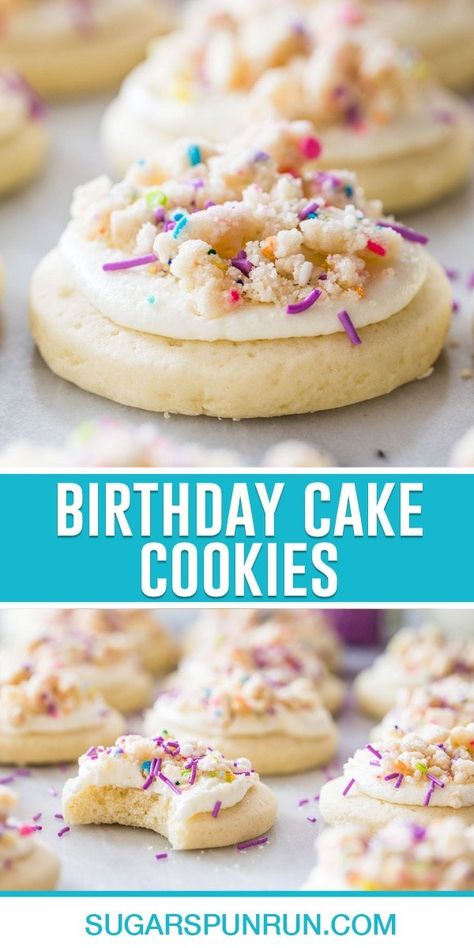 These soft birthday cake cookies are topped with a perfectly sweet cream cheese frosting and birthday cake crumbs. My recipe is 100% from-scratch, lots of fun to make, and takes just 45 minutes to prep! Recipe includes a how-to video! Cake Batter Crumble Cookie, Crumbl Birthday Cake Cookie Recipe, Crumbl Cookie Birthday Cake Copycat, Crumbl Oreo Birthday Cake Cookie, Cookie Trailer, Copy Cake Crumble Cookie, Birthday Brownies, Birthday Cake Cookies, Birthday Recipes