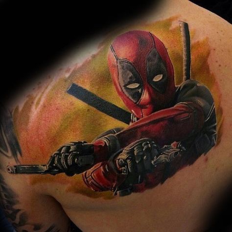 Awesome Mens Deadpool Upper Back Shoulder Tattoos Deadpool Tattoo, Video Game Tattoos, Illustration Art Nouveau, Video Game Tattoo, Comic Tattoo, Tattoo Magazine, Marvel Tattoos, Pokemon Tattoo, Ornamental Tattoo