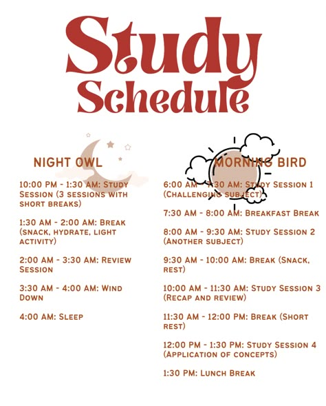 the poster for study schedule is shown in red and white, with an image of a bird Midnight Study Schedule, Night Schedule Study, Exams Study Schedule, Best Schedule For Study, Night Owl Schedule, Night Before Exam Routine, Summer Study Schedule, Studying Schedule Ideas, Study Night Routine