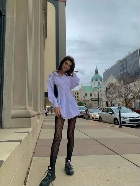 White dress button down black tights Gucci tights boots White Dress With Black Tights, White Dress Black Boots, White Dress Black Tights, Long Sleeve Dress Outfit, Dresses With Black Tights, White Button Down Dress, Boyfriend Shirt Dress, White Button Shirt, Black Stocking