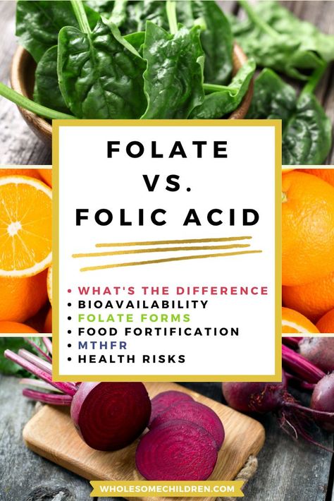 Fruits and vegetables. Text overlay - Folate vs. folic acid (what's the difference, bioavailability, folate forms, food fortification, mthfr, health risks). Foods Rich In Folate, High Folate Recipes, Food With Folate, Food High In Folate, Foods High In Folic Acid, High Folate Meals, Benefits Of Folic Acid For Women, Methyl Folate Benefits, High Folate Foods