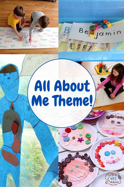 collage of 5 activities for an all about me theme All About My Classroom Preschool, All About Me Dramatic Play Toddlers, Body Learning Preschool, Preschool I Am Special Theme, Preschool Review Week Activities, Second Week Of Preschool Activities, All About Me Stem Activities Preschool, All About Me For Two Year Olds, Toddler Family Activities