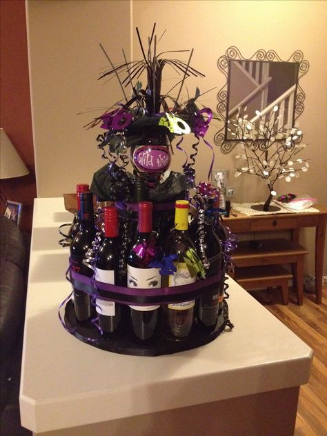 Wine Bottle "Cake" for 40th birthday. 16 bottles. Wine Bottle Bouquet Gift, Birthday Cake Wine, Wine Bottle Cake, Beer Cakes, Liquor Bouquet, Birthday 16, Wine Basket, Auction Basket, Wine Cake