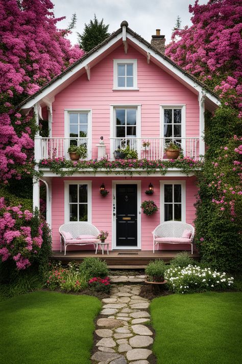 Pink House With Black Trim, Pink House Outside, Small Pink House, Colorful House Exterior, Pink House Exterior, Pink Places, Retirement Cottage, Sims Builds, Colorful Houses