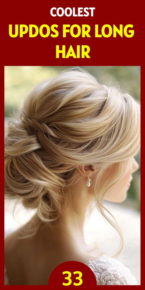 Transform your long hair with 33 gorgeous updo hairstyles that range from casual to glamorous. Master the art of creating intricate braided crowns, elegant low buns, and sophisticated high ponytails. Learn how to incorporate accessories like flowers, pins, and ribbons to add a unique touch to your updos. Discover styles that work for both formal events and everyday wear. Low Bun Wedding Hair For Long Hair, Formal Hair Up Styles, Loose Formal Updo, Sophisticated Bun Hairstyles, Wedding Party Hair Updo, Gala Hair Updo, Casual Wedding Updos For Long Hair, Bridal Hairstyles High Bun, Formal French Twist