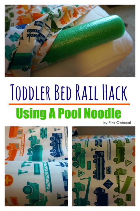 Toddler Bed Rail Hack - Pink Oatmeal Moving Artwork, Toddler Bed Comforter, Toddler Bed Rail, Bed Guard Rails, Montessori Infant Room, Diy Toddler Bed, Noodles Ideas, Toddler Bed Sheets, Pool Noodle Crafts