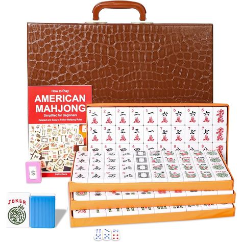 LARGE SIZE TILE: Our US Mahjong tile set comes in a large size of 1 166 DURABLE TILE: High-quality Mahjong set includes 166 premium tiles (36 Dots, 36 Bums, 36 Cracks, 12 Dragons, 16 Winds, 16 Flowers, 10 Jokers, and 4 Blank Spares) in blue back color. There is also a tile tray for convenient storage of tiles and Mahjong accessories. PORTABLE CARRY CASE: This American Mahjong set with large tiles comes with a brown carrying case, allowing you to conveniently carry and display the large Mahjong set with American tiles wherever you go. Whether it's family gatherings, party events, or Mahjong tournaments, the carrying case provides convenience and protection. BENEFITS OF MAHJONG PLAY: The scratch-resistant large tiles come with a brown carrying case, allowing you to enjoy the American Mahjong Tile Tray, Mahjong Tile, Mahjong Tiles, Mahjong Set, Mah Jongg, Tile Games, Large Tile, Blue Back, Green Tile