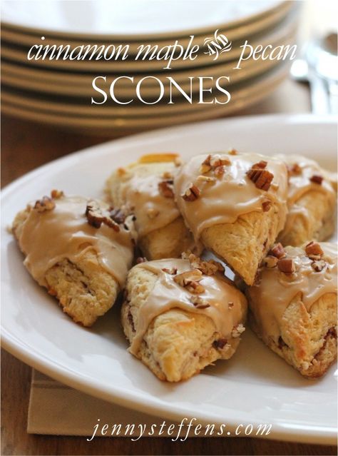 Cinnamon Swirled Scones with Maple Pecan Glaze Pecan Glaze, Pecan Scones, Jenny Steffens Hobick, Maple Pecan, Cinnamon Swirl, Scone Recipe, Biscuit Recipe, Tasty Treats, Fryer Recipes