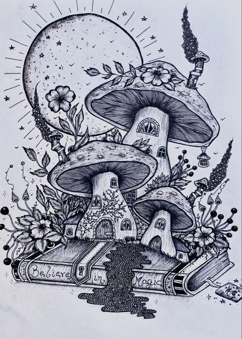 Aesthetic Magic, Moon Flowers, Fineliner Art, Zen Doodle Patterns, Mushroom Drawing, Artwork Creative, Moon Drawing, Beauty Art Drawings, Book Drawing