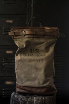 Vintage U.S. Mail Bag | Not sure what the age is of this mail bag, but I think it would match best with the Wild West theme... Vintage Mail, Mail Bag, Waxed Canvas Backpack, Calamity Jane, Upcycled Bag, Mens Trends, Leather Projects, Men Vintage, Waxed Canvas