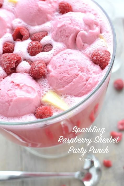 Sparkling Raspberry Sherbet Party Punch perfect for your next bridal shower, baby shower, or big gathering. Punch With Raspberry Sherbert, Spiked Punch With Sherbert, Raspberry Sherbert Punch Recipes, Berry Punch Recipes, Punch With White Grape Juice, Boozy Sherbet Punch, Birthday Party Punch Recipes, Sherbert Punch Alcoholic, Raspberry Punch Recipes