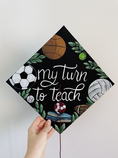 A lovely hand painted grad cap with football, basketball, volleyball, baseball, handball for a sports fan, and not only Pe Teacher Graduation Cap, Physical Education Graduation Cap, Volleyball Graduation Cap, Sports Graduation Cap, Painted Grad Cap, Education Graduation Cap, Graduation Hat Designs, Teacher Graduation Cap, Grad Hat