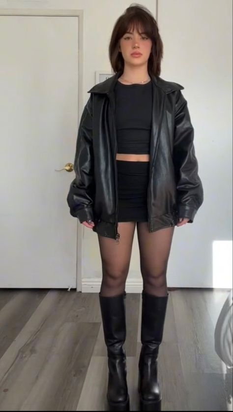 Black Skirt Black Jacket Outfit, Concert Outfit All Black, Leather Jacket And Corset Outfit, Short Leather Coat Outfit, Leather Jacket And Shorts Outfit, Underground Concert Outfit, Modern Gothic Outfits, Oversized Black Leather Jacket Outfit, Leather Jacket With Shorts