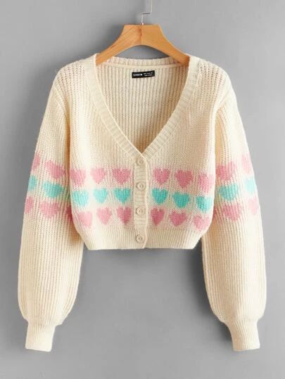 Heart Cardigan, Pattern Cardigan, Cropped Pullover, Cute Cardigans, Patterned Cardigans, Bishop Sleeve, Cardigan Pattern, Heart Pattern, Cute Sweaters