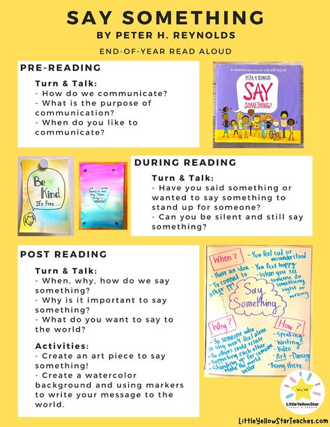 Say Something Book Activities, Book Themed Crafts, Third Grade Books, Bully Prevention, Peter Reynolds, Peter H Reynolds, Sequence Writing, Elementary School Counselor, Read Aloud Activities