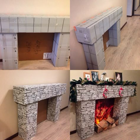 Diy Christmas Fireplace, Cardboard Fireplace, Grinch Christmas Decorations, Money Gifts, Faux Fireplace, Stovetop Potpourri, Diy Fireplace, Orange Garland, Christmas Fireplace