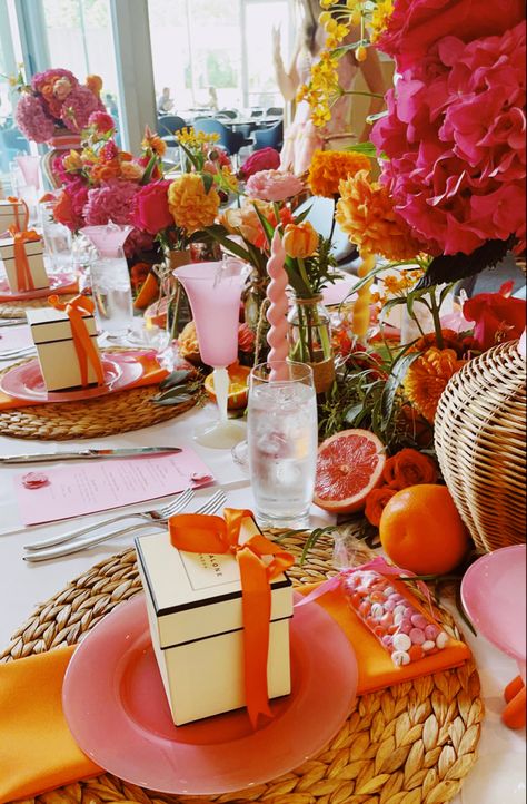 Pink And Orange Party Ideas, Pink Orange Theme Party, Pink Orange Gold Party, Pink Orange Birthday Theme, Pink And Orange Tablescape, Pink And Orange Decorations Party, Orange And Fuschia Party Ideas, Pink And Orange First Birthday Party, Pink And Orange Brunch