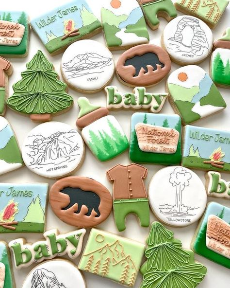 Samantha on Instagram: "I’m so behind on posting lately 😅 Here’s a cute national park baby shower set I created last month 😍 too cute! . . . . . . . #sugarcookies #decoratedsugarcookies #willowparkcookies #aledocookies #fortworthcookies #fortworth #nationalpark #nationalparkcookies #treecookies #babycookies #babyshowercookies #mountaincookies #bearcookies #outdoorcookies #campingcookies #firecookies #onsiecookies #bottlecookies" Park Baby Shower Ideas, Woodland Baby Shower Cookies, Plant Butter, Camping Cookies, Vanilla Powder, Royal Iced Cookies, Powder Sugar, Baby Shower Bbq, Bear Cookies