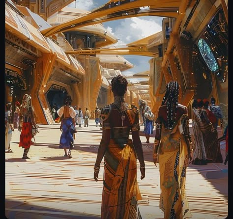 African Desert Aesthetic, Afrofantasy City, African City Concept Art, Desertpunk Aesthetic, Futuristic African City, African Futurism Architecture, African Sci Fi, Afro Futurism Aesthetic, Desert Sci Fi