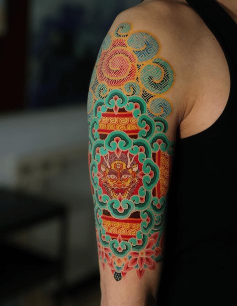 30+ Eye-Catching Half Sleeve Tattoos Ideas For Guys Mosaic Tattoo, Vibrant Tattoos, Korea Tattoo, Unique Half Sleeve Tattoos, Korean Tattoo Artist, Korean Tattoos, Half Sleeve Tattoos For Guys, Iconic Artwork, Korean Culture