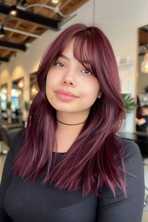 Light Burgundy Hair, Dark Cherry Hair, Bangs Aesthetic, Pelo Color Vino, Burgundy Red Hair, Red Hair With Bangs, Hottest Haircuts, Hair Refresh, Light Bangs