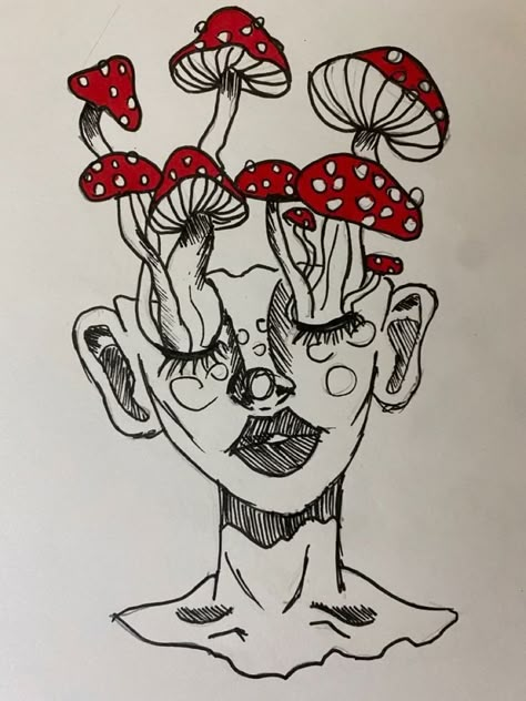 2 Mushrooms Drawing, Drawings With Mushrooms, Trippy Mushrooms Drawing, Dibujo Hippie Vintage, Mashrom Drawing Ideas, Mushroom Body Drawing, Mushroom Person Drawing, Hongos Art, Mushroom Drawing Aesthetic