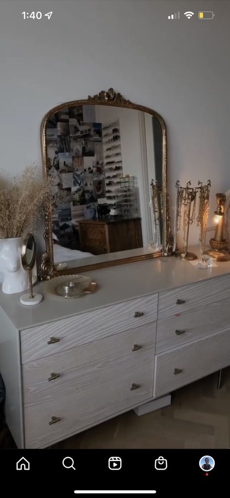 Dresser Decor With Mirror, Bedroom Dresser Decor With Mirror, Small Bedroom Dresser, Mirrored Dresser Bedroom, Bedroom Dresser Decor, Antique Brass Mirror, Dresser Decor Bedroom, Modern Bedroom Dressers, Mounted Mirrors