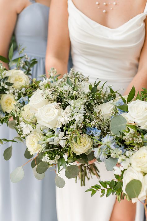 White bridal bouquet with touches of blue! Blue White Green Wedding Bouquet, Wedding Bouquets Blue And White, White Green Blue Wedding Flowers, Blue And White Bridesmaid Bouquet, Blue And Green Wedding Flowers, Blue Green White Wedding, Blue Bridal Flowers, Cream Bridal Bouquet, Real Wedding Flowers