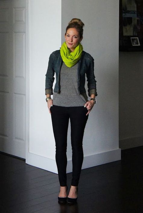 Gray Striped Shirt Outfit, Neon Scarf, Bright Scarf, Spring Ahead, Yellow Scarf, Scarf Casual, Red Scarf, Green Scarf, Gray Shirt