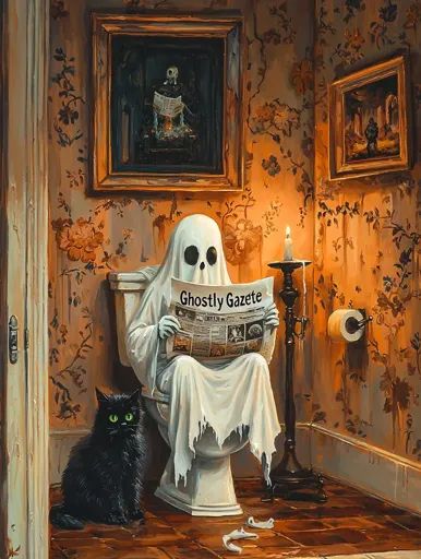 ↑↑↑ Larger size on website 🔸 A ghost, in a white sheet, sits on a toilet reading a newspaper called "Ghostly Gazette" while a bla Ghost On Toilet, Toilet Ghost, Bathroom Scene, Reading A Newspaper, Ghost Drawing, White Sheet, A Ghost, Halloween Home Decor, Halloween House