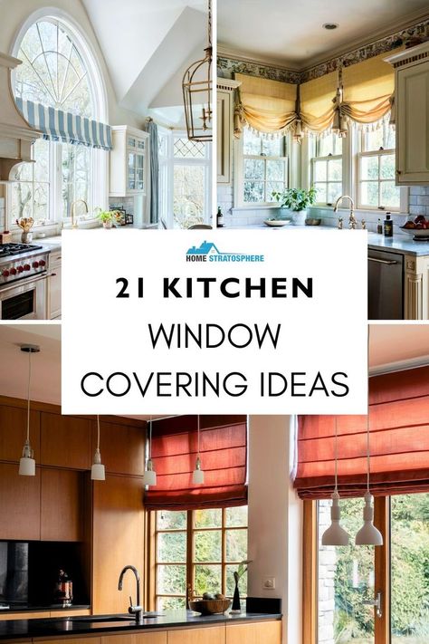 A collage of kitchens featuring various kitchen window treatments, including striped valances, pleated shades, and fabric blinds in different designs and colors. Kitchen Window Valances Modern, Kitchen Picture Window Treatments, Kitchen Window Dressing Ideas, Kitchen Window Covering Ideas, Kitchen Drapery Ideas, Valance Window Treatments Kitchen, Kitchen Window Treatments With Blinds, Farmhouse Kitchen Window Treatments, Picture Window Treatments