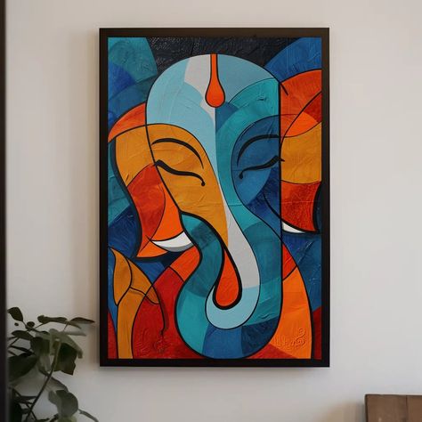 Buy Ganesha Abstract Indian Art, Colorful Indian Decor, Hindu God Ganesh Wall Art, Framed Poster, Ready to Hang Online in India - Etsy Paintings By Indian Artists, Ganesha Modern Art Paintings, Unique Canvas Art Ideas, Ganesha Art Abstract, Modern Ganesha Art, Drawing Room Color Ideas Indian, Painting For Gifting, Ganesh Abstract Art, A4 Size Canvas Painting Ideas