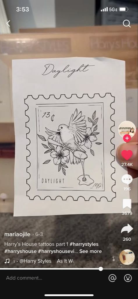 Harry Styles Inspired Tattoos, Harry Tattoos, Bluebird Tattoo, Paris Tattoo, Fine Line Harry Styles, Harry Styles Tattoos, Tatoo Inspiration, Bird Stamp, Piece Of Paper