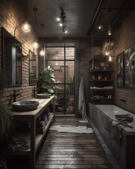 From Modern to Diverse Design Styles Dark Industrial Bathroom, Academia Interior, Warehouse Living, Dark Acadamia, Industrial Style Bathroom, Dark Bathrooms, Industrial Home Design, Dark Home Decor, Industrial Bathroom