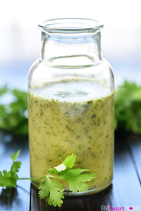 Cilantro Lime Vinaigrette ~ a zesty homemade Mexican dressing perfect for marinades and salads, featuring lime juice, fresh cilantro, and a touch of honey! | FiveHeartHome.com Mexican Salad Dressing, Mexican Dressing, Vinegrette Recipe, Mexican Salad Dressings, Cilantro Dressing Recipe, Lime Salad Dressing, Cilantro Lime Vinaigrette, Cilantro Salad, Vinaigrette Dressing Recipe