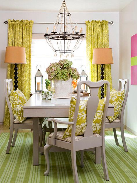 Problem: Uncomfortable dining chairs                          Solution: Enhance your dining experience with accent pillows. Colorful pillows add comfort to the seat or backrest -- and add a splash of color and pattern to the dining room. Rooms Design, Yellow Curtains, Dining Room Colors, Maximalism, Green Rooms, Room Decorating, Decorating On A Budget, Dining Room Design, Room Chairs