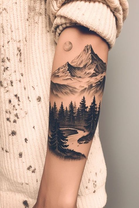 Pine Tree Half Sleeve Tattoo, Black And Shaded Tattoos, Mountain Half Sleeve Tattoo Women, Woodsy Tattoos Men, Mountain And Stream Tattoo, Mountain Thigh Tattoo Women, Winter Scene Tattoo, Mountain And Floral Tattoo, Waterfall Tattoos For Women