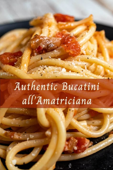 Authentic Bucatini all'Amatriciana - The Night Owl Chef Bucatini All'amatriciana, Bucatini Pasta Recipes, Guanciale Recipes, Italian Dinner Recipes Authentic, Spaghetti Amatriciana, Amatriciana Recipe, Bucatini Recipes, Amatriciana Sauce, Traditional Italian Pasta