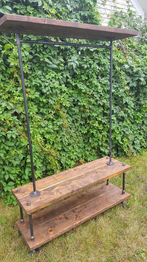 Industrial Garment Clothing Rack with Shelves Loft Shoe and | Etsy Shoe And Coat Storage, Clothing Rack With Shelves, Industrial Clothing Rack, Shelf Industrial, Industrial Clothing, Rack Shelves, Diy Clothes Rack, Coat Storage, Retail Fixtures